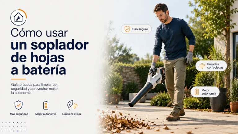 Persona usando un soplador de hojas a batería en un jardín