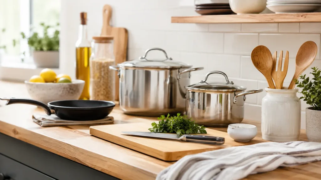Utensilios y menaje de cocina sobre encimera