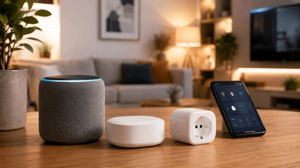 Dispositivos de domótica para el hogar con altavoz inteligente y control móvil