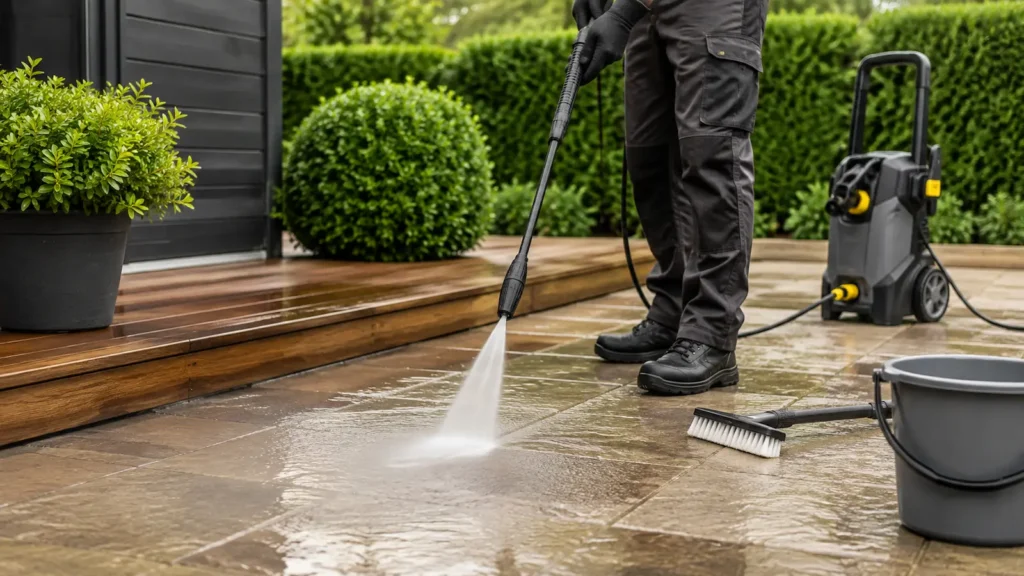 Limpieza de terraza exterior con hidrolimpiadora