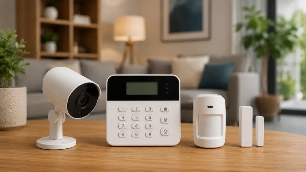 Sistema de seguridad para el hogar con cámara y panel de alarma