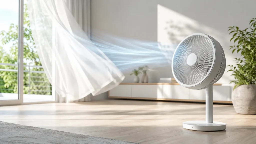 Ventilador moderno en salón luminoso